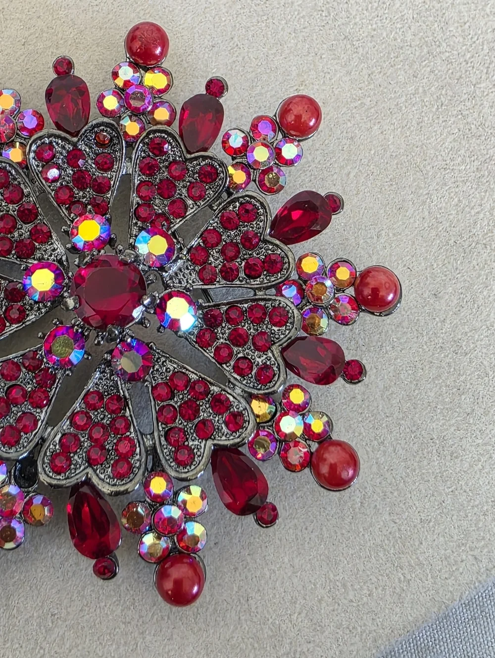 Silver Gunmetal with AB Red Rhinestone Flower Sunburst Brooch Pin